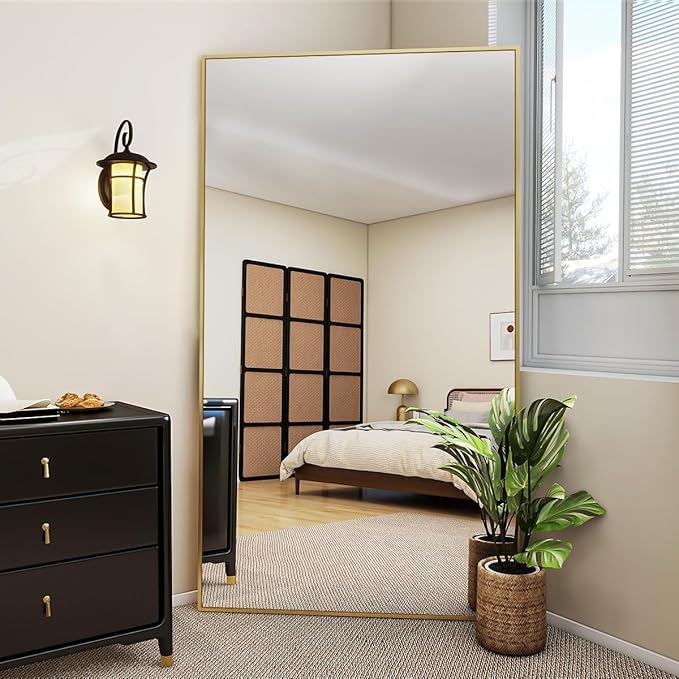 VooBang Large Full Length Mirror 78" x 35" - Shatterproof Floor Full Body Mirror with Aluminum Alloy Frame, Freestanding, Hanging, or Wall-Leaning, for Bedroom, Living Room, Dressing Room, Gold