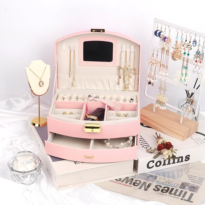 Jewelry Box Organizer, PU Leather Double Layer Jewelry Organizer with Drawer and Mirror, Lockable Jewelry Storage Organizer for Rings Earrings Necklaces, Portable Jewelry Box for Home and Travel