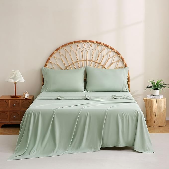 JSD Sage Green Full Sheet Set with Side Pocket Corner Straps, 4 Piece Soft Microfiber Bed Sheets Extra Deep Pocket