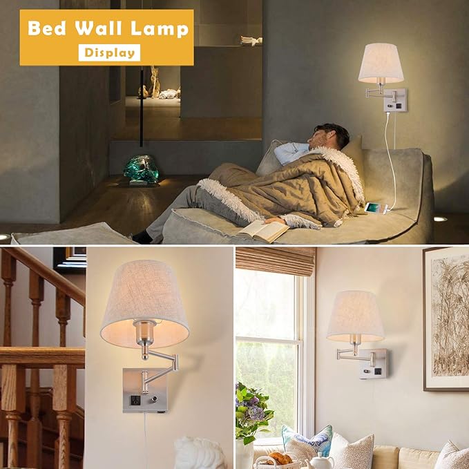 Bedside Wall Mount Light with Dimmable Switch and Outlet, Swing Arm Fabric Shade Wall Sconce Light with USB Port and Plug in Cord, Satin Nickel Wall Lamp for Bedroom, Living Room and Hotel