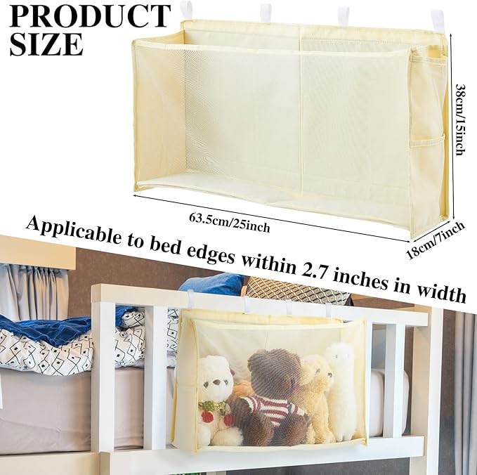 Bedside Stuffed Animal Organizer Storage - Large Capacity Space Saving Plush Toy Organizer Net with Reinforced Sides & Extra Pockets, Stuffy Holder Bed Caddy, Beige