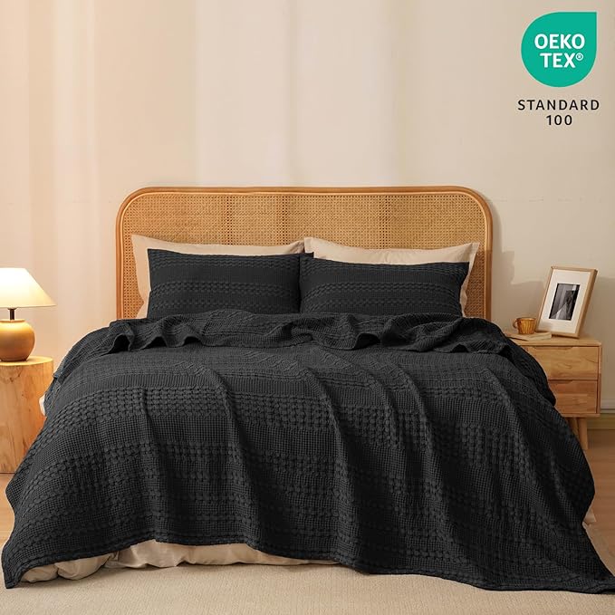 PHF 100% Cotton Waffle Weave Blanket Twin Size for Bed, Soft Lightweight & Breathable for Spring and Summer, All-Season Comfort, Luxury Aesthetic Blanket for Home Decor, 66"x90", Black