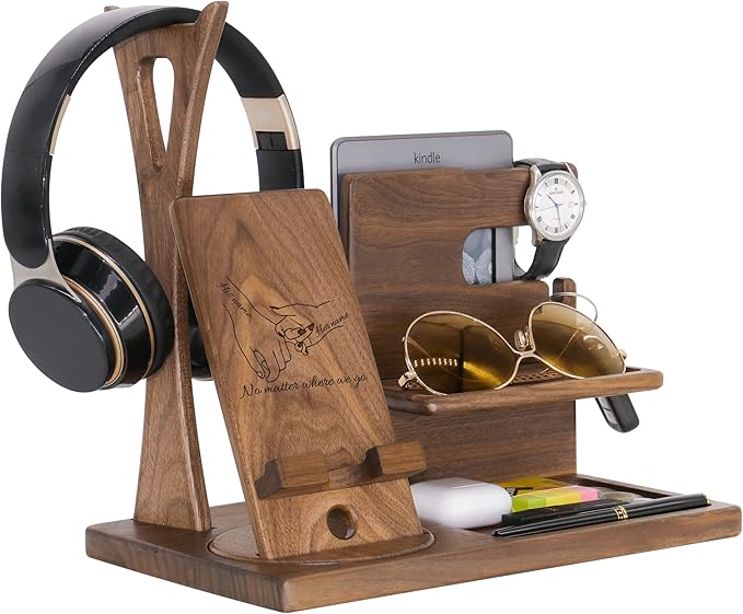 Personalized Desk Organizer for Couple Him - Handmade Accessories Organizer with Rotating Phone Stand, Headphone Stand, Watch Holder - Unique Gift Ideas for Husband Boyfriend on Anniversary Birthday