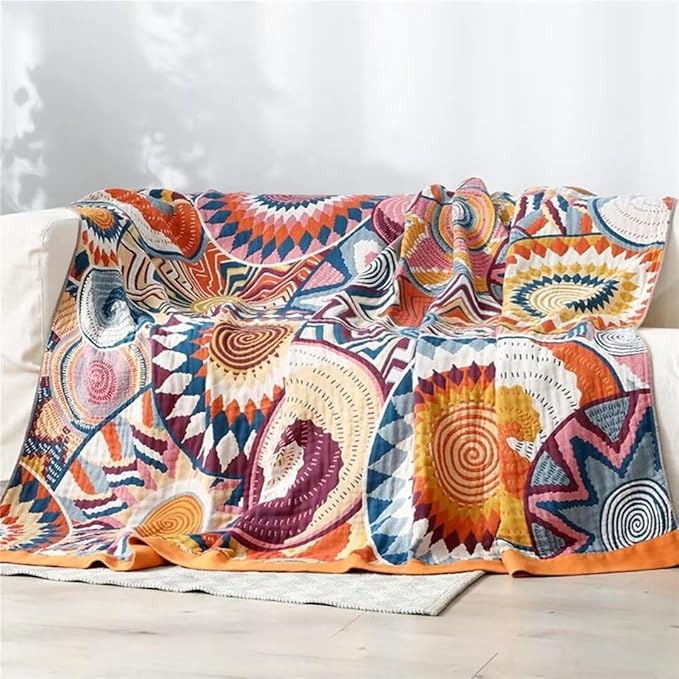 Boho Blanket for Bed 100% Cotton Bohemian Throw Blankets Ultra Soft Woven Muslin Decorative Blankets All Seasons Vintage Quilt Knitted Blanket for Sofa Chair (Colorful, 90"x98")