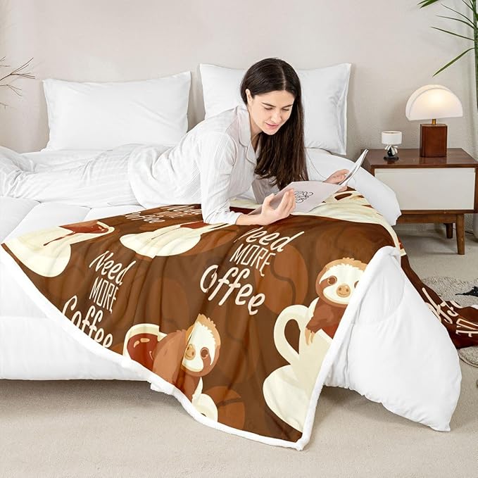 Erosebridal Sloth Coffee Fleece Sherpa Blanket for Boys, Girls & Adults - Coffee Cup Beans Print, Fuzzy, Baby 30"x40", Brown & White
