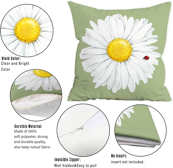Hexagram Spring Summer Pillow Covers 18x18 Set of 4, Floral Daisy Outdoor Decorative Throw Pillow Covers, Green Farmhouse Cushion Case for Couch Sofa Living Room Bedroom Home Indoor Decor(No Insert)