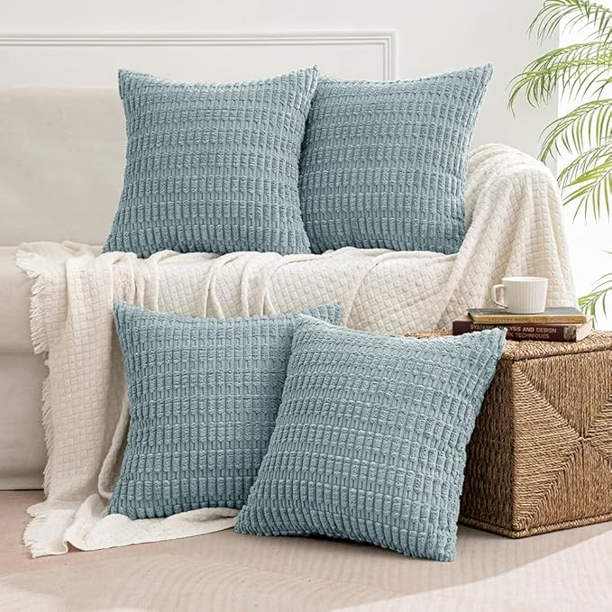 MIULEE Pack of 4 Smoke Blue Corduroy Decorative Throw Pillow Covers 18x18 Inch Soft Boho Striped Pillow Covers Modern Farmhouse Home Decor for Sofa Living Room Couch Bed