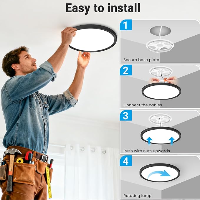 4 Pack LED Flush Mount Ceiling Light,7Inch 15W,3000K/3500K/4000K/5000K/6500K 5 Color Temperatures Ceiling Light Fixture for Kitchen Porch Hallway Bedroom Bathroom and Closet,Black