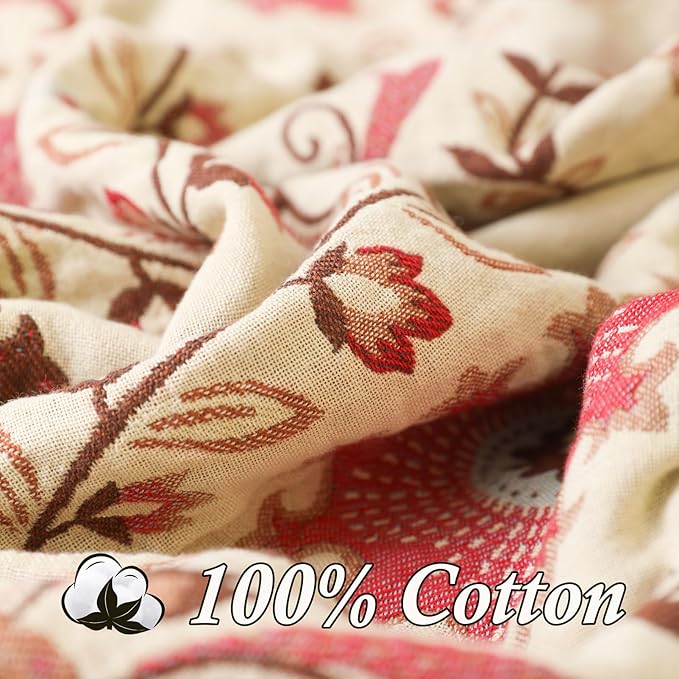 Snycler Boho Throw Blanket for Bed - 100% Cotton Ultra Soft Rustic Quilt - Pink Boho Floral Printed Farmhouse Decor Bed Blankets, 91"x98" All Season Rustic Throw for Sofa Couch Chair