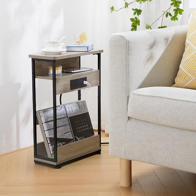 Narrow Side Table with Charging Station, 3-Tier End Table with 2 USB Ports & Power Outlets,Thin Sofa Side Table for Narrow and Small Spaces, Bedside Table Nightstand for Living Room,Oak