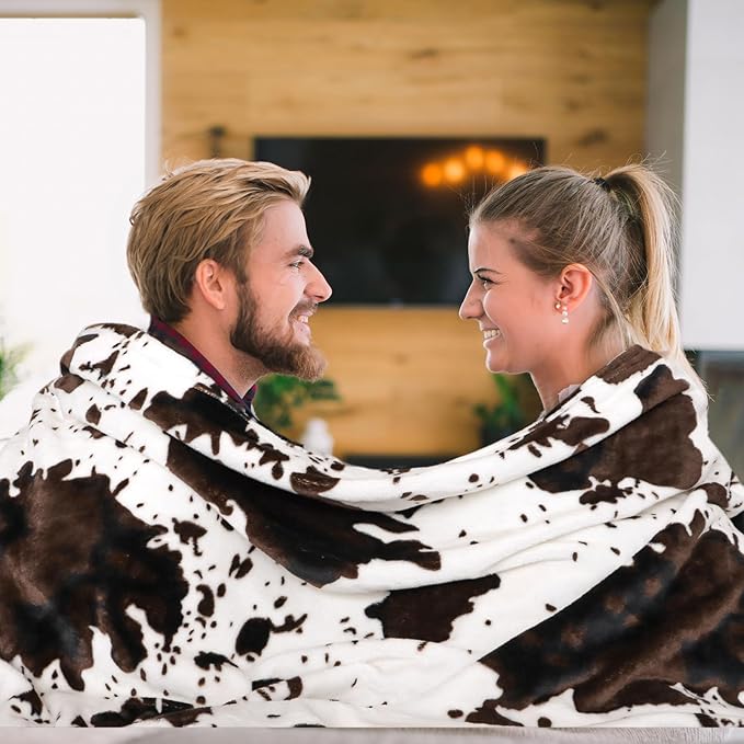 Cow Print Blanket for Bed & Couch, Soft Plush Fuzzy Fleece Throw Blanket for All Seasons, Cozy Warm Farmhouse Decor, Birthday Gifts for Teenage Girls Boys Women, Brown & White 50x60 Inch