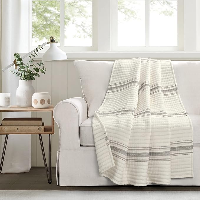 Lush Decor Farmhouse Stripe Kantha Pick Stich Yarn Dyed Cotton Woven Throw Reversible Ticking Pinstripe Design Blanket, 50" x 60", Gray