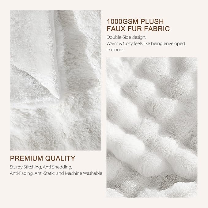 Luxury 1000GSM Faux Rabbit Fur Throw Blanket, Super Heavy Warm Cozy Blankets for Couch Bed Sofa, Bubble Plush Fuzzy Elegant Soft Reversible Mink Blanket for Living Room Bedroom, White