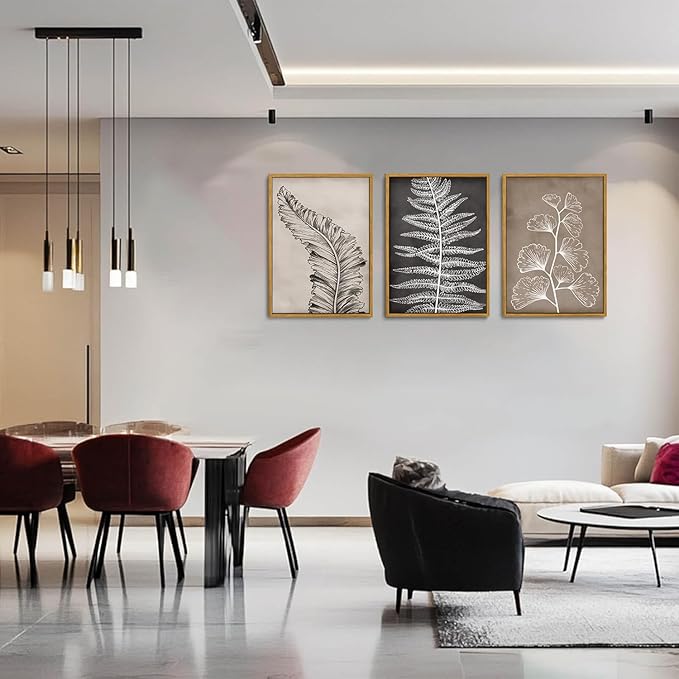 Wodkwq 3 Piece Black Beige Vintage Botanical Canvas Wall Art Framed,Modern Natural Leaves Wall Decor,Minimalist Floral Wall Painting, Abstract Leaf Art Print for Living Room,Bedroom,Office 16x24in