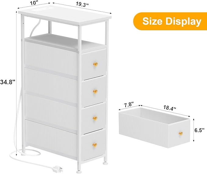 Narrow Bedside Table with USB Port, 4 Drawers Storage Cabinet, Nightstand with Power Socket, Suitable for Small Space Bedroom, Living Room, White