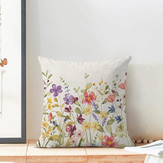 AEIOAE Spring Pillow Covers 18x18 Inch Set of 2, Colorful Wild Flower Leaves Plant Throw Pillows Case,Seasonal Floral Outdoor Decorative Farmhouse Decor Cushion Covers for Home Sofa Bed Couch
