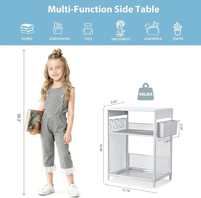 Kids Nightstand, 3-Tier Metal Side Table with Adjustable Storage Shelf, Basket & 3 S-Hooks, Small Bedside Table for Nursery, Toddler Bedroom and Small Spaces (White)