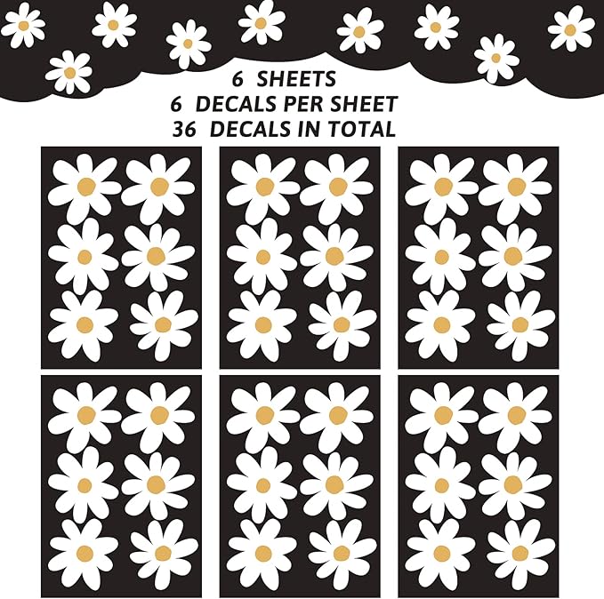 BBTO Daisy Wall Decal Flower Vinyl Wall Decals Daisy Stickers Floral Decals Peel and Stick for Nursery Art Bedroom Living Room(Simple Style,White)