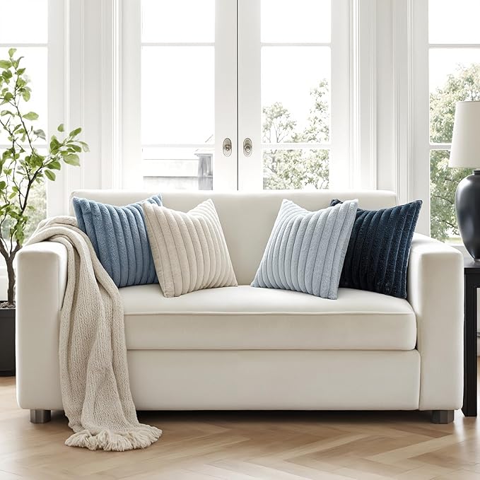 MIULEE Faux Fur Plush Decorative Throw Pillow Covers 18x18 Set of 4, Spring Modern Soft Fuzzy Coastal Striped Cushion Covers for Sofa Couch Bed Living Room Cozy Home Decor,Navy Blue