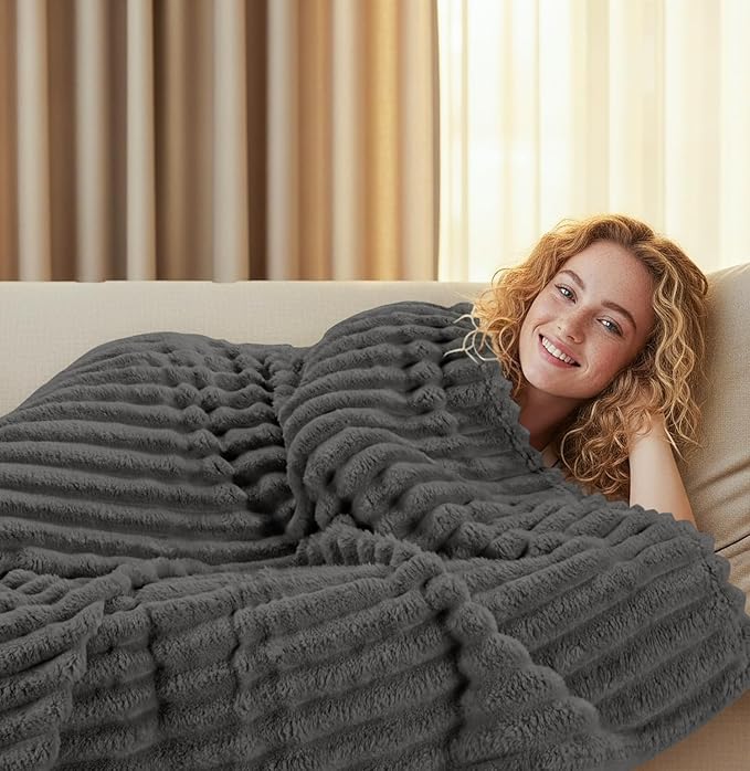 Utopia Bedding Grey Striped Fleece Blanket Twin Size – Fluffy, Warm & Lightweight Ribbed Throw for Bed, Sofa & Chair - Soft Cozy Blanket for Home Décor & Gifting (60x80 Inches)