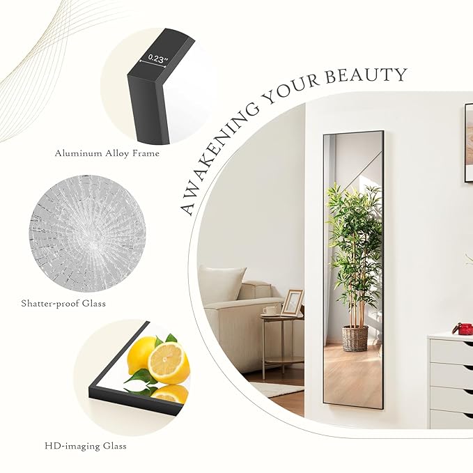 DUMOS Full Length Mirror 59"x16" Full Body Floor Mirror for Bedroom or Cloakroom, Can Stand Alone, Hang or Lean Against Wall, Tall Wall Mirror with Stand and Sleek Aluminum Alloy Thin Frame
