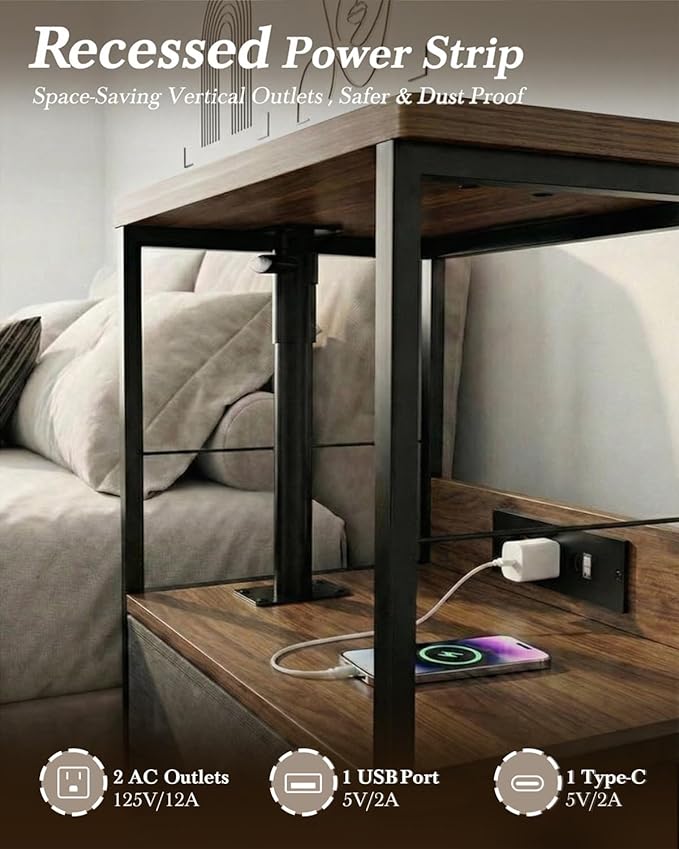 Swivel Lift Top Nightstand with Charging Station, Vacuum Forming Adjustable Bedside Table, Rolling Night Stand with Wheels, Small End Table with Fabric Drawer, for Bedroom, Living Room, Walnut Gray