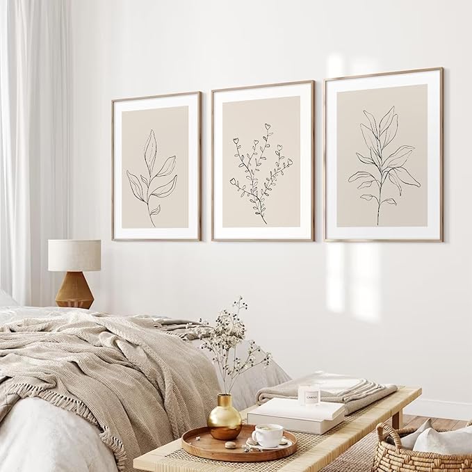 Botanical Wall Art Decor Set of 3 Neutral Wall Decor Boho Beige Canvas Wall Art Botanical Minimalist Pictures Botanical Neutral Prints Beige Posters Boho Artwork for Room Bedroom 24x36 Inch Unframed