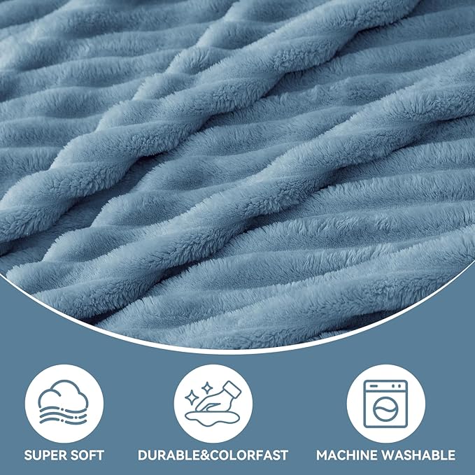 Nookly Light Blue Fleece Throw Blanket for Couch, Soft Lightweight Ribbed Plush Blanket for Sofa and Bed, All-Season Cozy Striped Throw for Women Girl 50x60 Inches