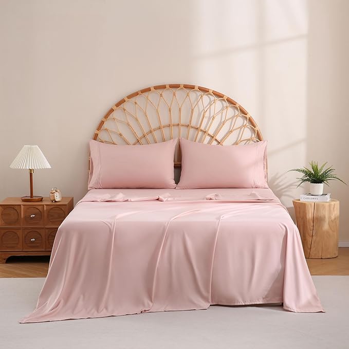 JSD Dusty Pink King Sheet Set with Side Pocket Corner Straps, 4 Piece Soft Microfiber Bed Sheets Extra Deep Pocket