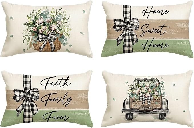 AVOIN colorlife Home Sweet Home Farmhouse Eucalyptus Leaves Throw Pillow Covers, 12 x 20 Inch Truck Stripes Buffalo Plaid Cushion Case Decorations Set of 4