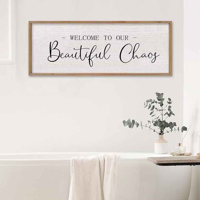 comurdyo Welcome To Our Beautiful Chaos Sign 32"X12" for Farmhouse Living Room Wall Decor Home Rustic Large Family Wood Framed Wall Art Plaque Hanging (Wood)