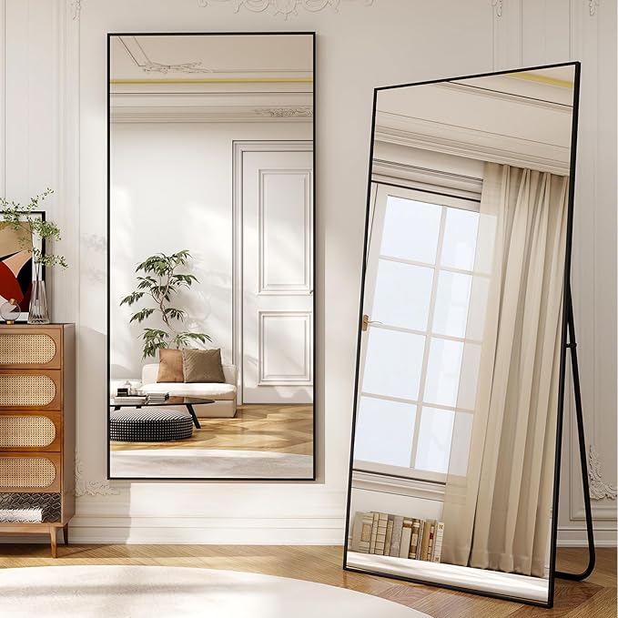 76" x 34" Large Full Length Mirror with Stand, Standing/Leaning/Wall Mounted Full Body Floor Mirror for Bedroom, Living Room, Entryway, Cloakroom with Aluminum Alloy Frame Black