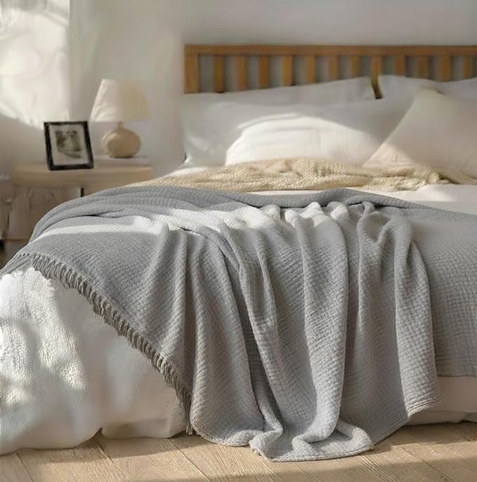 KyraHome 100% Organic Cotton Blanket 90"x90" Queen Muslin Blankets for Adults, Bed, Plant Dyed, Breathable Gauze Bedspread, Coverlet, All Season, Light Grey