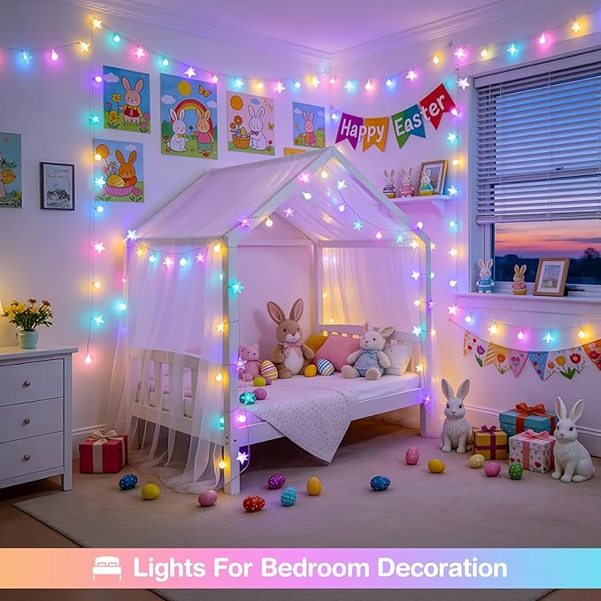 JMEXSUSS Easter Lights String Globe Star, 100 LED 33 FT Globe Star Lights Indoor, USB Easter String Lights Plug in for Indoor Spring Bedroom Porch Classroom Decor