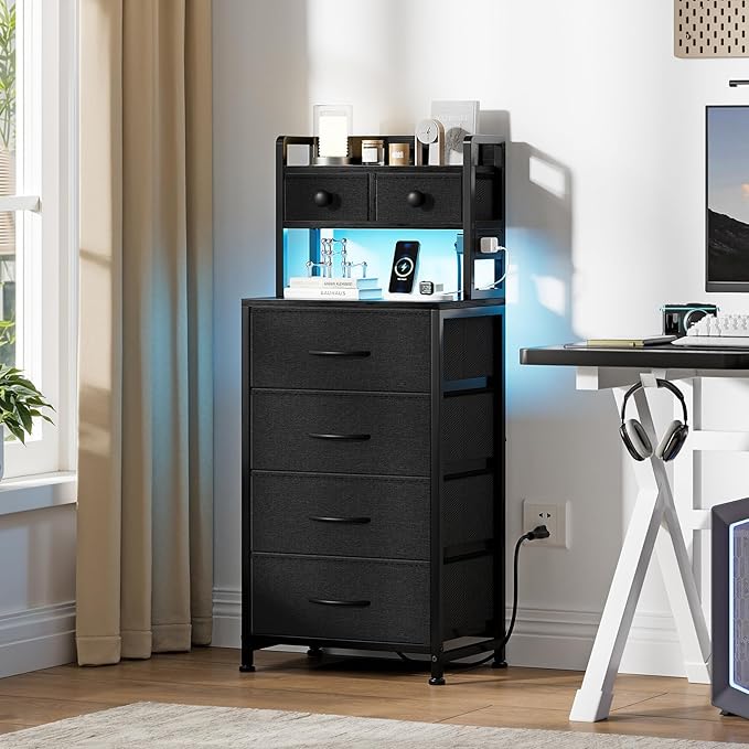 REAHOME 41 Inch Tall Nightstand with Charging Station, LED Night Stand with 6 Fabric Drawers, Bed Side Table with 3-Tier Wood Storage Shelves for Bedroom, Office, Small Spaces, Dark Gray
