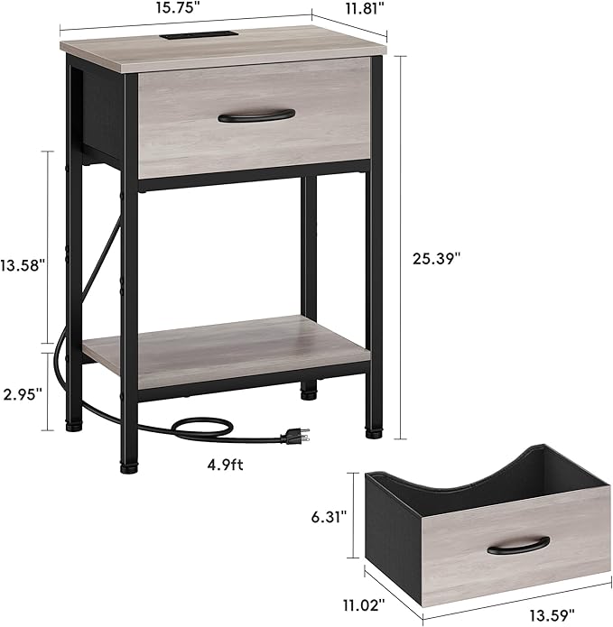 Vagusicc Nightstand Set of 2 with Charging Station, Bed Side Table with Fabric Drawer, Small End Table with 2-Tier Storage Shelves, 25.4" Tall Night Stand Bedside Table for Bedroom Living Room, Greige