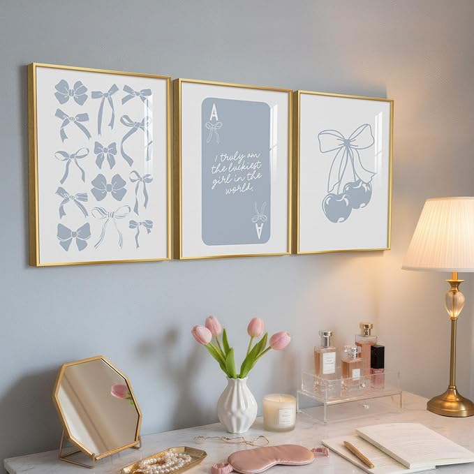 Framed Preppy Blue Wall Art for Room Decor, 3 Piece Bow Cherry Girly Artwork for Walls, Cute Aesthetic Blue Canvas Prints for Girls Bedroom Living Room Girly Room Apartment Wall Decor, 12x16 Inch