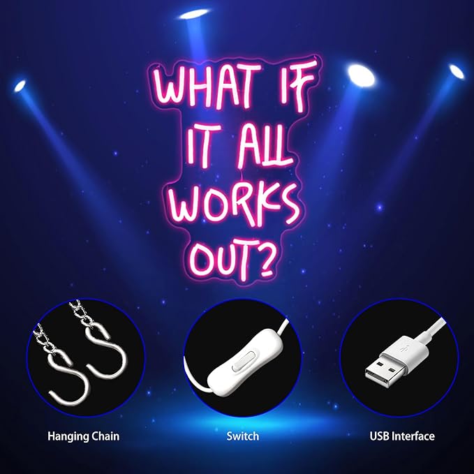 Neon Sign, What If It All Works Out Neon Signs for Wall Decor - Pink Motivational LED Light for Home, Office, Room - USB Powered Light Up Sign Decorations