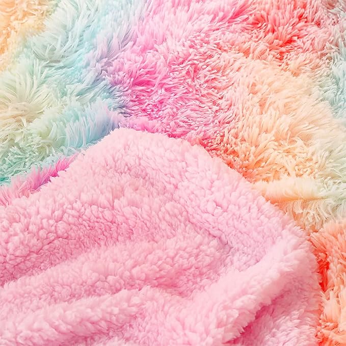 DANGTOP Fuzzy Faux Fur Throw Blanket, Tie Dye Fluffy Blanket, Super Soft Rainbow Blanket for Girls, Luxury Cozy Warm Plush Thick Sherpa Throws for Bed Couch Living Room (Rainbow, 59x79 inches)