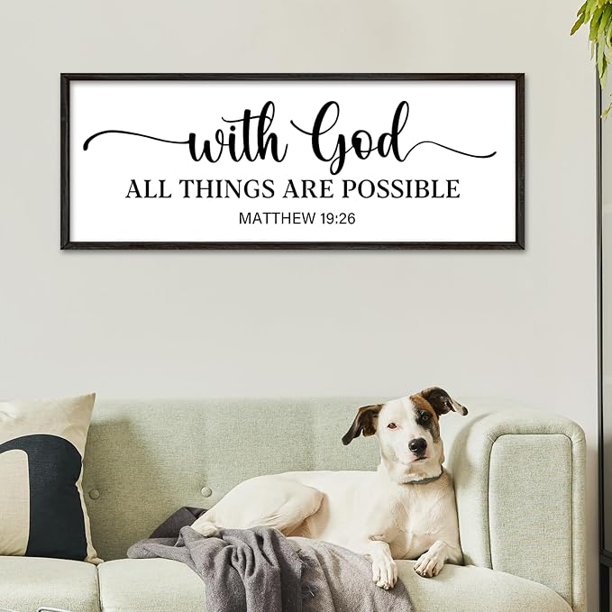 YWMZYKJGS With God All Things Are Possible Sign Wall Decor 40"×15" Matthew 19:26 Bible Verse Jesus Religious Christian Scripture Prayer Large Wooden Framed Wall Hanging Art (Black)