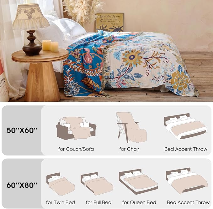 Boho Throw Blanket 50"x60" Floral Couch Blanket with Sunflowers,100% Cotton Soft Breathable Lightweight Spring Decorative Tassel Reversible Blankets for Sofa Bed Decor All Season