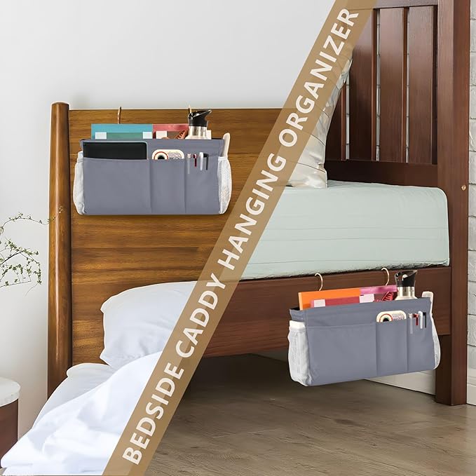 Grey Bedside Caddy Storage Bag Bedside Organizer for Dorm Room Top Bunk Bed Organizer Caddy Hanging Shelf 6 Pockets with Hooks for Book Glasses Phone Holder