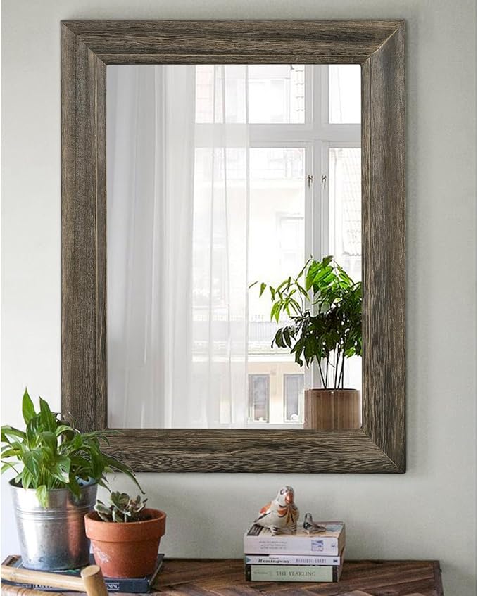 Retro Wall Mirror with Wood Framed Large Rectangle Hanging Mirrors 26"x18" Decorative for Bathroom Bedroom Living Room