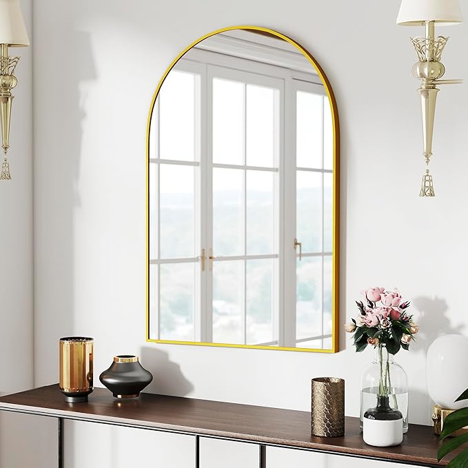 24x36 Arch Mirror Rectangle Full Length Wall Mounted Hanging or Against Wall Metal Aluminum Alloy Frame Dressing Make-up Mirrors for Entryway Bedroom Bathroom Living Room 24 36 inch Gold