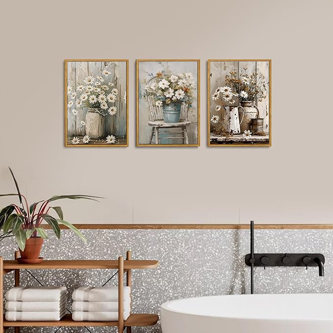 Wodkwq 3 piece Rustic Farmhouse Wall Decor Framed,Vintage Floral Canvas Wall Art,Daisy Country Picture Prints For Bedroom,Living Room,Bathroom 16x24in