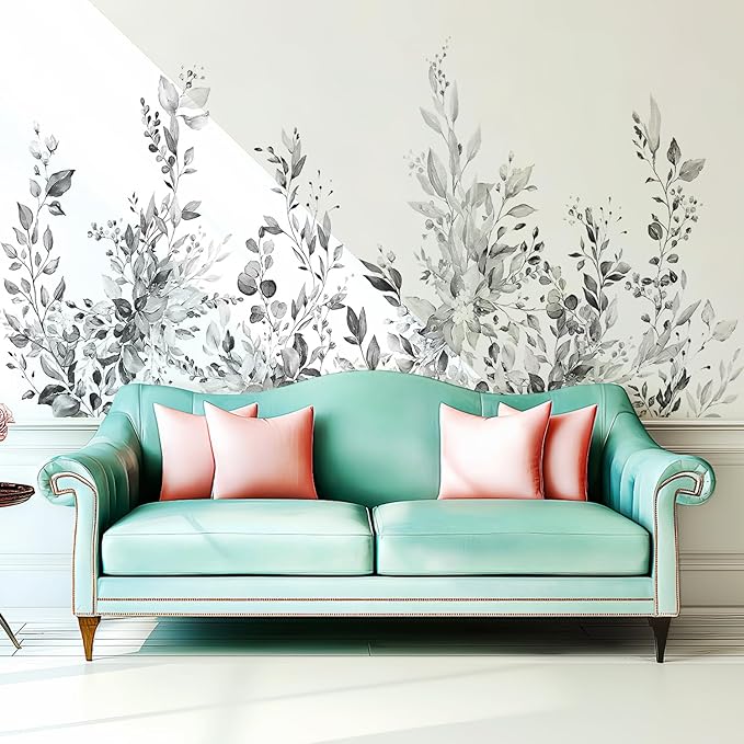 Gray Plants Leaves Wall Decals Peel and Stick, Large Floral Flowers Vinyl Wall Stickers, Removable Vine Home Decor Art for Bedroom Living Room Classroom Office
