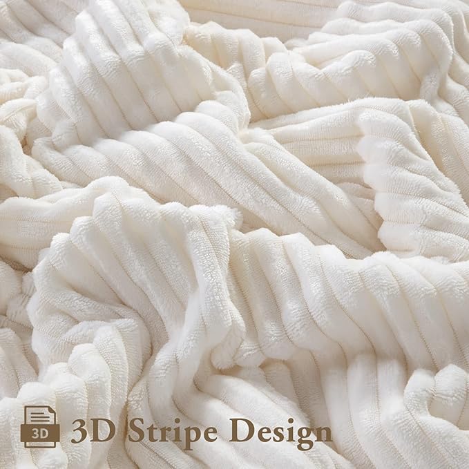 LBRO2M Striped Sherpa Fleece Bed Blanket Twin Size, Super Soft Fuzzy Plush Warm Cozy Fluffy Microfiber Couch Throw Velvet Double Reversible Luxurious Blankets (65x90),Ivory