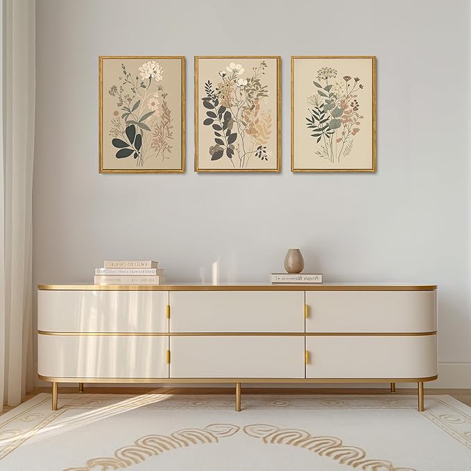 Wodkwq 3 Piece Vintage Floral Canvas Wall Art Framed,Large Wildflower Wall Art,Neutral Farmhouse Botanical Wall Painting,Modern Floral Art Prints For Living Room,Bedroom,Office 16x24in