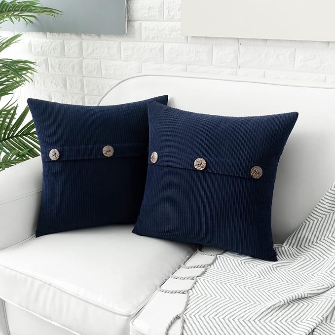 HWY 50 Navy Blue Chenille Throw Pillow Covers 22x22 Inch with Triple Buttons, Soft Farmhouse Accent Decorative Cushion Cases for Couch Sofa Bed Living Room Pack of 2