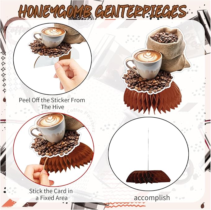 9 PCS Coffee Honeycomb Centerpieces Coffee Table Decorations Table Topper for Coffee Party Decorations Coffeehouse Birthday Party Supplies